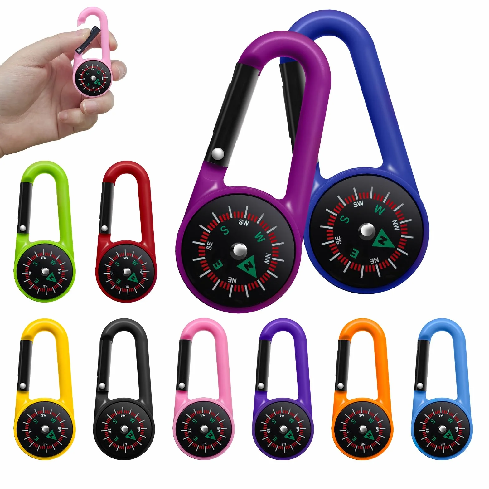 10 Pezzi Bussole Mini con Moschettone, Bussola Portachiavi Professionale Outdoor Multicolore, Leggeri e Pratici per Camping, Trekking, Alpinismo, Pesca, Regali per Bambini, Feste di Compleanno 10 Anni