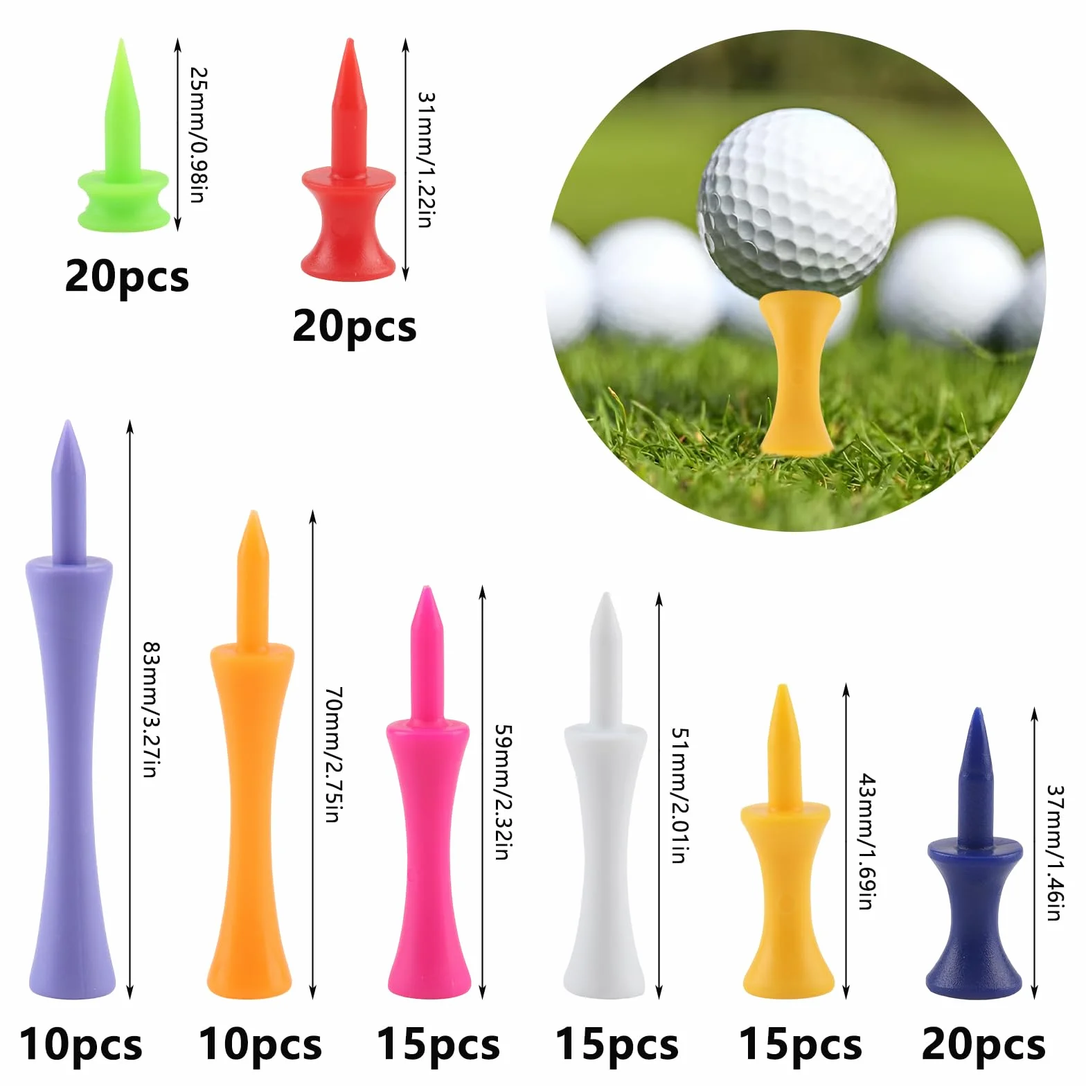 Castle Tee 125 Pezzi Tee da Golf in Plastica Multicolore Infrangibile Riutilizzabile Portatile