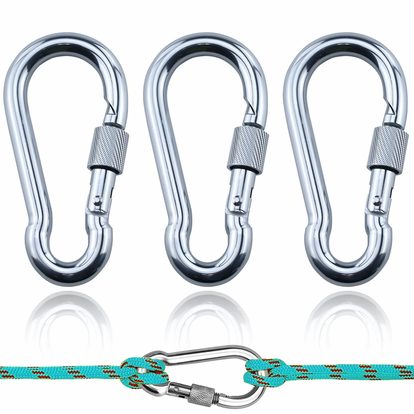 3 Pezzi M8 Moschettone Con Bloccaggio,Moschettone Con Chiusura a Vite,Moschettone molla zincato Alta Qualità,Argento moschettoni antiruggine,per amache, campeggio, pesca