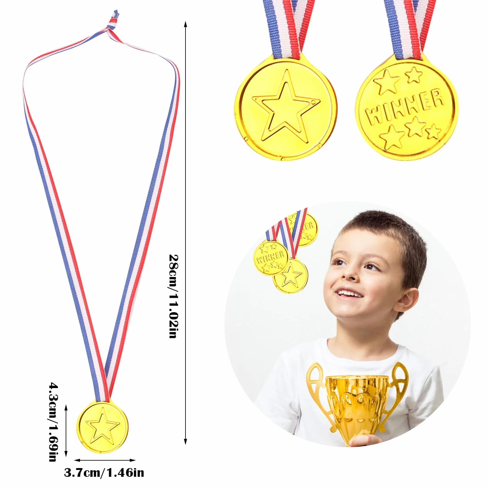 Medaglie per Bambino Plastiche Winner, Nastro Medaglia Oro Vincitore, Bomboniere per Giochi
