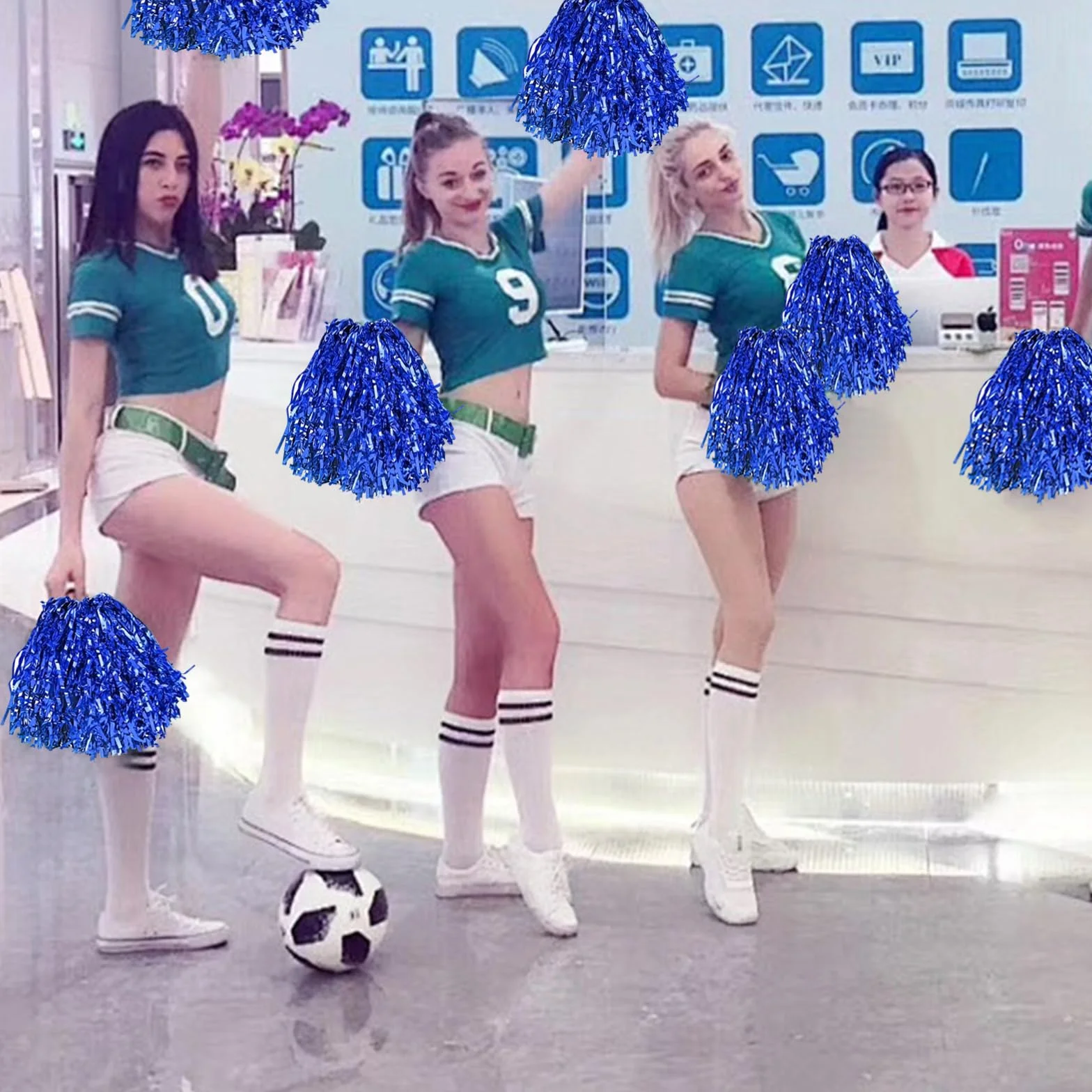 Cheerleading Pom Pom 12 Pezzi Fiore a Mano per Ballare Feste Sportive Riutilizzabili Blu
