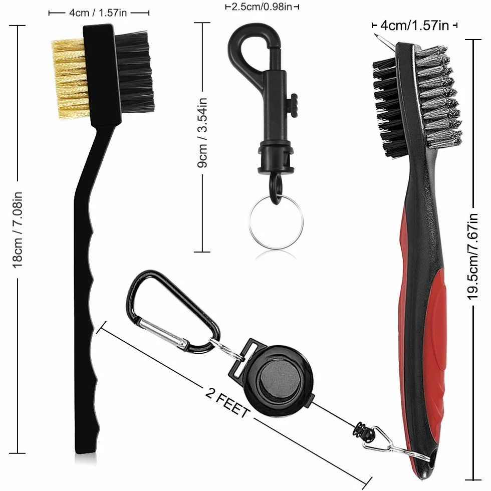 Senhai Mazza da Golf Spazzole Groove Pulizia 3 Pezzi Setole Metallo 0,6m Retrattile Zip-Line Moschettone Alluminio