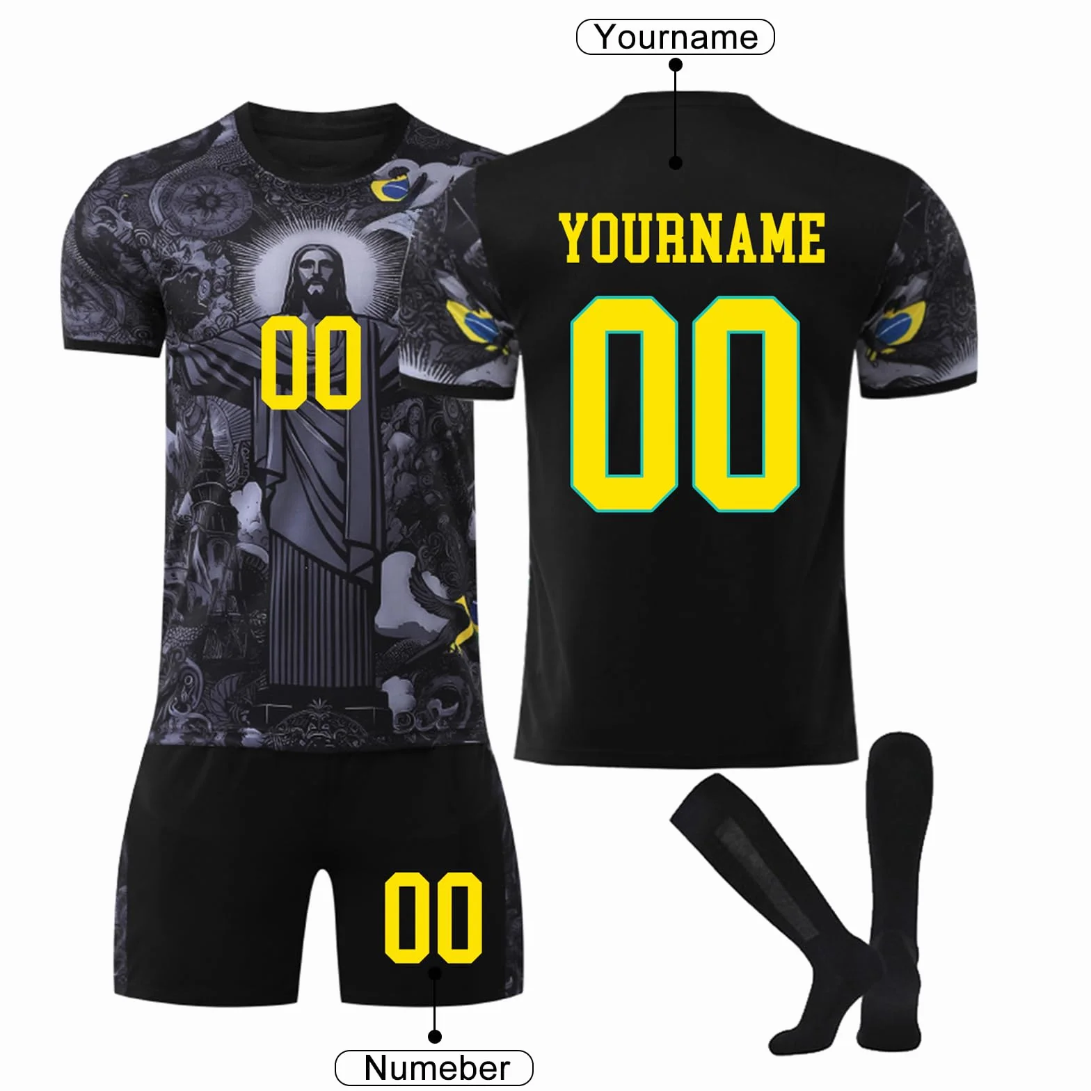 Generico Brasile Gesù Maglia da Calcio Personalizzata con Nome/Numero per Bambino Adulto