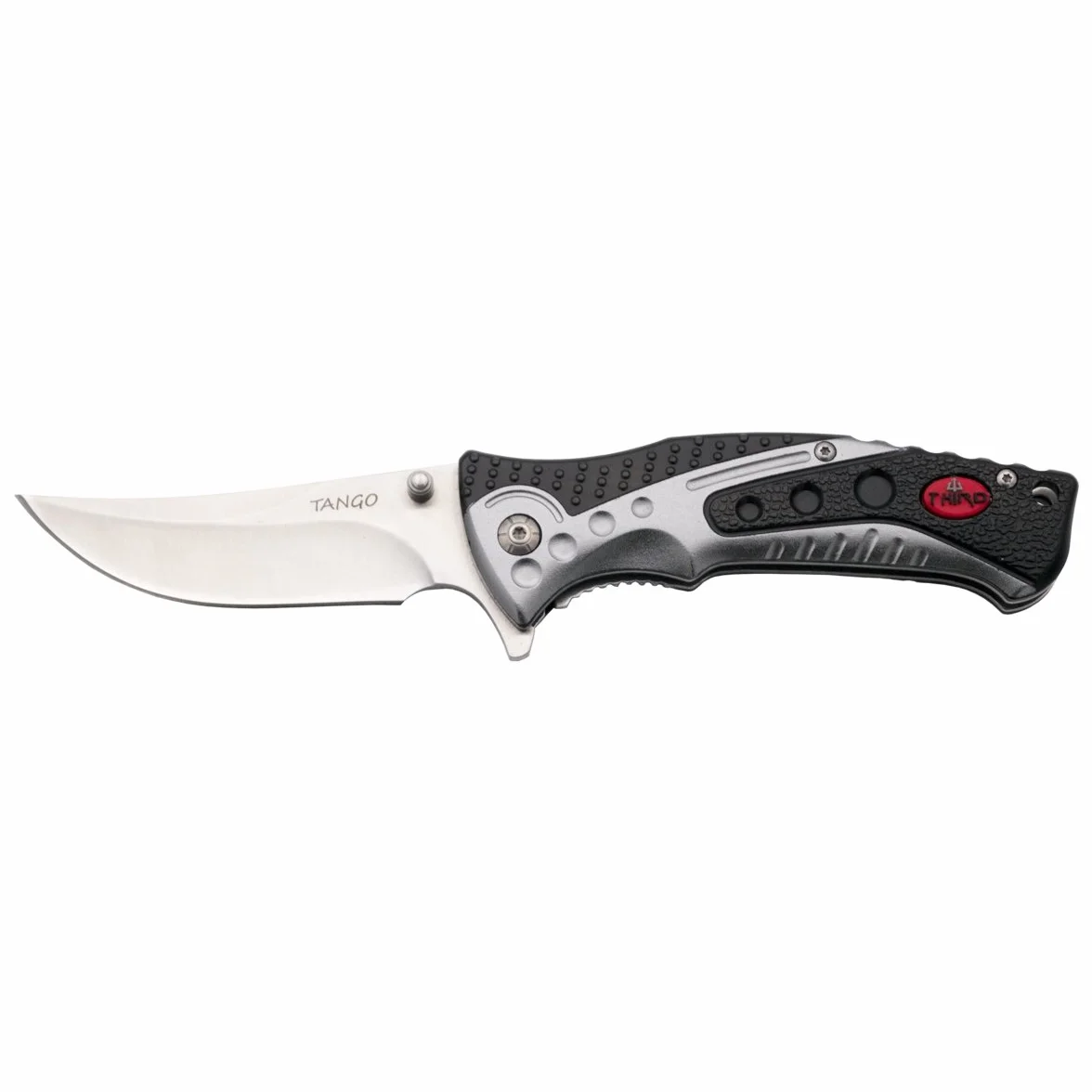 THIRD Coltello pieghevoli Tango 91072G, Mango Grigio e Nero Alluminio, Lama in Acciaio Inox 9 Finitura Satinata cm. con Clip, attrezzo da Campeggio per la Pesca, Caccia, attività Sportive