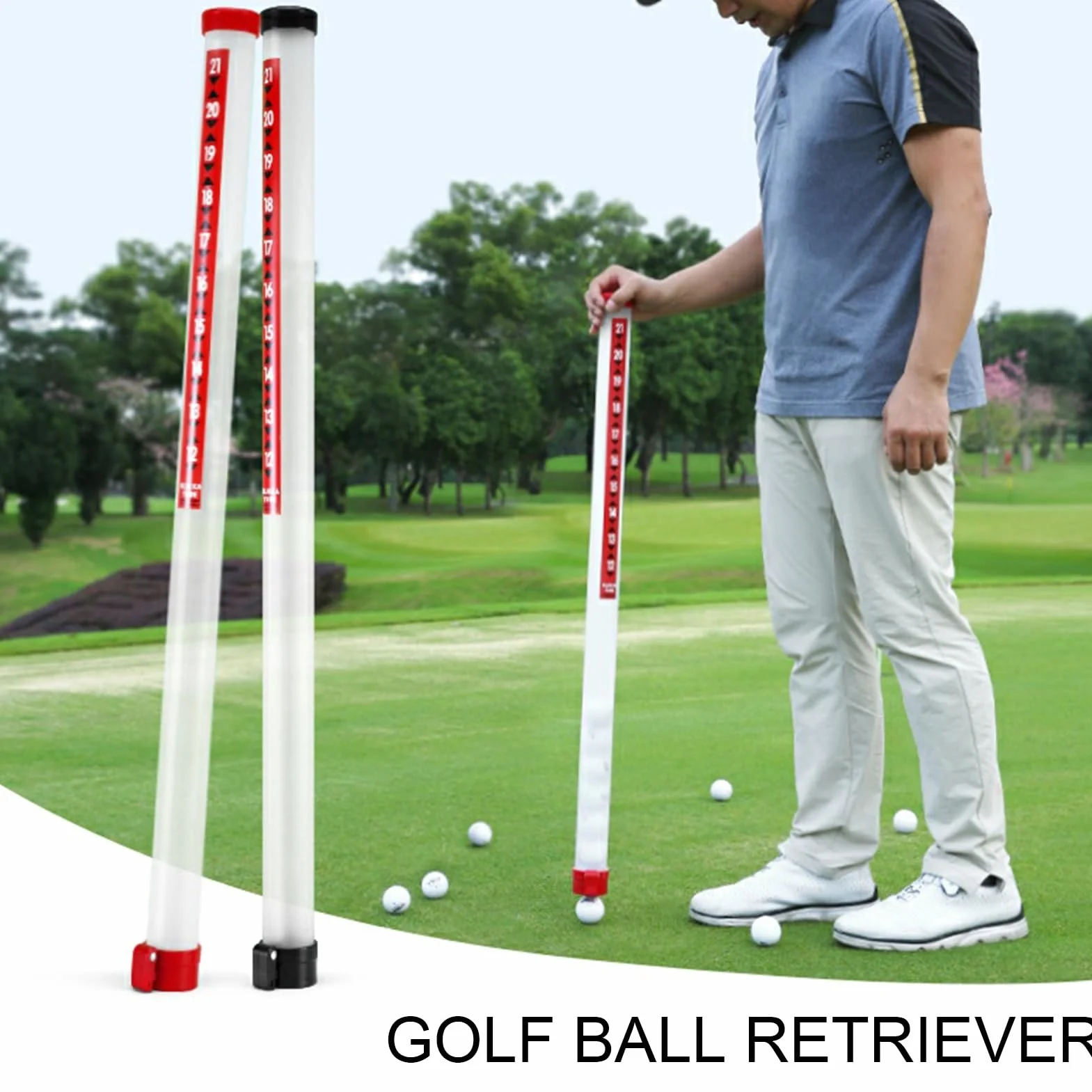 Raccoglitore di Palline da Golf Professionale 21 Palline Tubo Rilascio Plastica Ventosa 35,8 cm