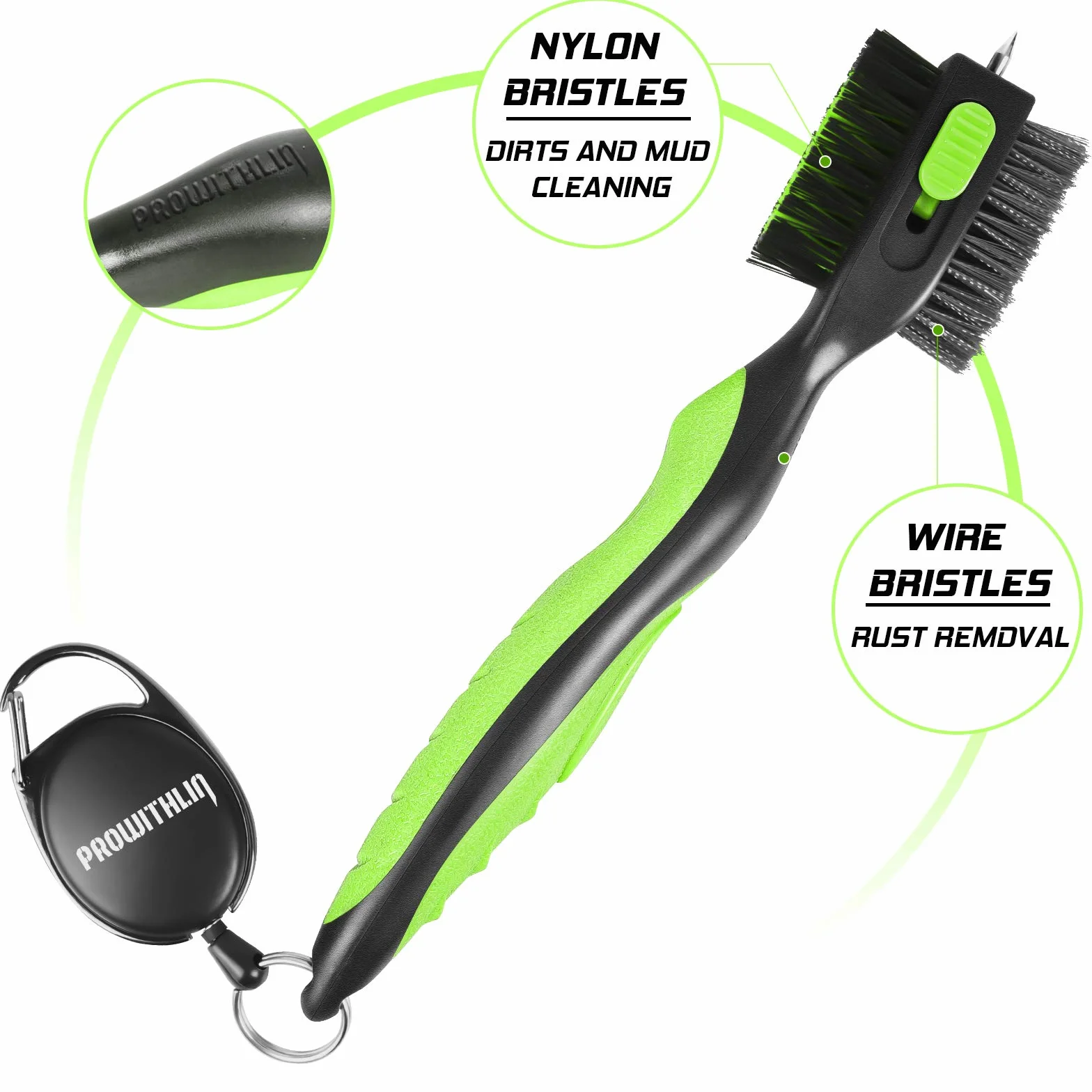 Spazzola 2 in 1 per Golf Club e Groove Cleaner con Cerniera Retrattile - Testa Multifunzione con Setole in Nylon e Filo