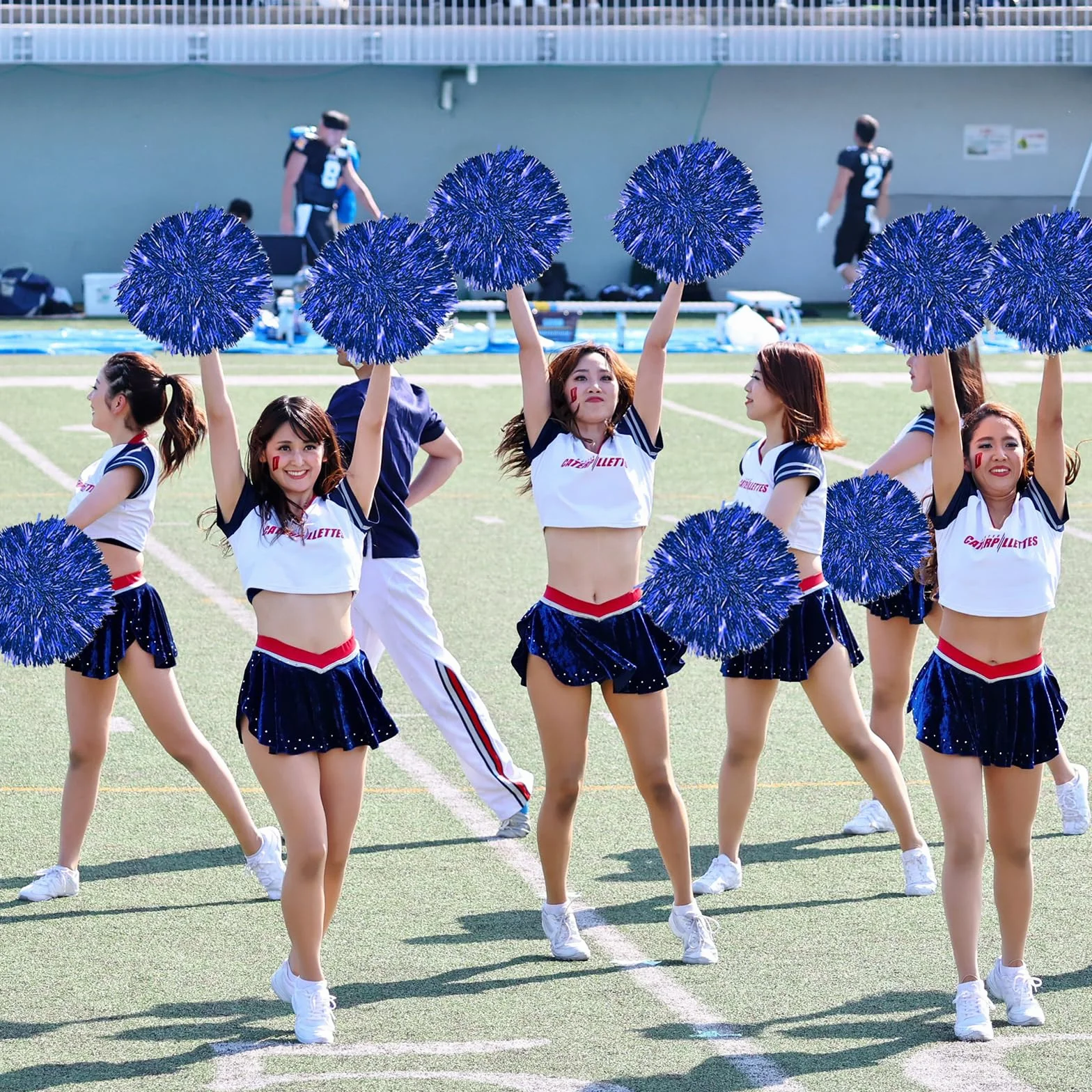 Cheerleading Pom Pom 12 Pezzi Fiore a Mano per Ballare Feste Sportive Riutilizzabili Blu