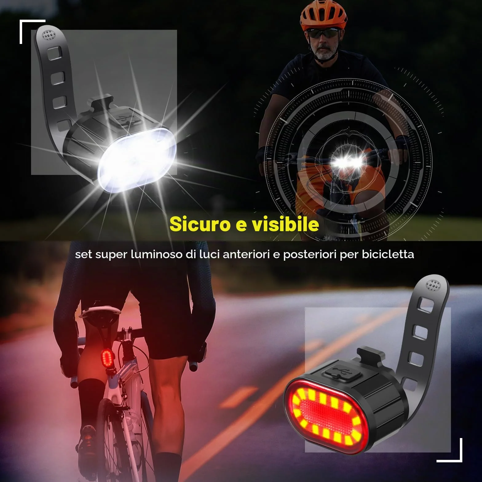 Oderra Luci Bicicletta LED Ricaricabili USB Impermeabili IPX5, 4+6 Modalità Ultra Luminose, Luce Bici Anteriore e Posteriore